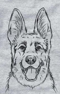 a black and white drawing of a dog's face with its tongue hanging out