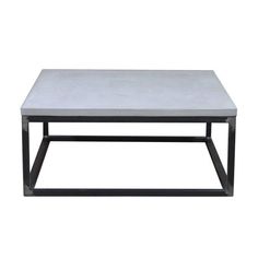 a square coffee table with black metal frame and white marble top, viewed from the front