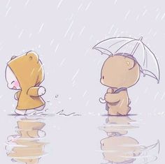 two cartoon characters are standing in the water with an umbrella over their heads and one is looking at another character