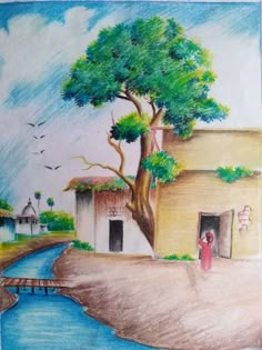 a drawing of a person standing in front of a house next to a tree and water