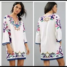 Size S Adorned With Sweetly Embroidered Florals, This Tunic Dress Is Perfect For Walks In The Sand. Nwot Tunic Dress With Hip Pockets Cotton/Linen Embroidered Detail 3/4 Bell Sleeves Side Slant Pockets Tunic Silhouette Measurements: Length 35”, Armpit To Armpit 19”, Hips 20” Embroidered Tunic Dress, Pocket Tunic, Embroidered Tunic, Sewing Tips, Anthropologie Dress, The Sand, Anthropologie Dresses, Sewing Hacks, Tunic Dress