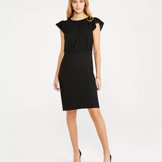 Ann Taylor. The Petite Flutter Sleeve Sheath Dress In Seasonless Stretch. Black. 4 Petite. Brand New - Never Been Worn. In Flattering Seasonless Stretch, Our Refined Sheath Dress Is Topped With Airy Flutter Sleeves. Boatneck. Flutter Sleeves With Shirred Sleeve Caps. Shirred Inset Waistband. Hidden Back Zipper With Hook-And-Eye Closure. Back Vent. Lined Body. 22" From Natural Waist Available In: Black Fabric & Care Body: 100% Polyester; Skirt: 48% Polyester, 48% Viscose, 4% Elastane; Lining: 100 Black Ruffle Sleeve Formal Dress, Black Formal Dress With Ruffle Sleeves, Black Ruched Midi Dress For Work, Chic Flutter Sleeve Stretch Dress, Ruffle Sleeve Stretch Dresses For Work, Chic Stretch Dress With Flutter Sleeves, Black Fitted Midi Dress With Ruffle Sleeves, Stretch Ruffle Sleeve Dresses For Work, Black Flutter Sleeve Dress For Formal Occasions