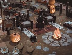 an animated halloween scene with pumpkins and chairs on the ground in front of them