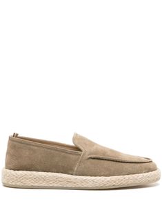 moss green/light beige calf suede slip-on style round toe pull-tab at the heel leather lining branded leather insole braided raffia sole rubber outsole Balenciaga Speed, Officine Creative, Versace Outfit, Balenciaga Triple S, Suede Loafers, Nike Air Max 97, Derby Shoes, Athletic Sneakers, Espadrille Shoes