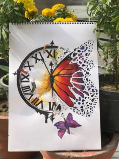 a drawing of a clock with butterflies on it and yellow flowers in the back ground