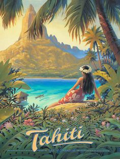 a woman sitting on top of a lush green hillside next to the ocean with palm trees