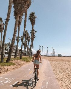 a woman riding a bike down a sandy road next to palm tree lined beachfront