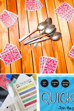 a collage of photos showing different types of playing cards and spoons on a wooden table