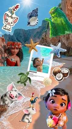 an image of moana and other cartoon characters on the beach with rocks in the background