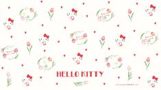 hello kitty wallpaper with pink flowers and hearts on the bottom right hand corner, which says hello kitty