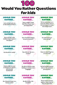 a poster with the words 100 would you rather know what to do for kids?