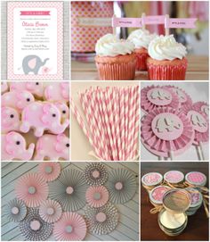 pink and gray baby shower theme with elephant cupcakes, paper fans, cake toppers