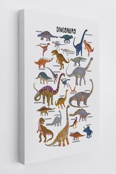 the dinosaurs are all different colors and sizes on this white canvas wall art print