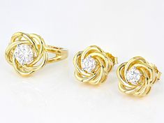 Moissanite Fire® 2.20ctw diamond equivalent weight round, 14k yellow gold over sterling silver ring and earring set. White rhodium settings. Ring measures approximately 5/8" L x 1/16" W and is not sizeable. Earrings measures approximately 9/16" L x 9/16" W and have push backs. Actual moissanite weight is 1.92ctw. Yellow Gold Cubic Zirconia Jewelry Sets, Yellow Gold Cubic Zirconia Jewelry Sets With Matching Earrings, Gold Brilliant Cut Jewelry Sets For Anniversary, School Jewelry, Popular Jewelry, Turquoise Jewelry, Jewelry Making Beads, Online Jewelry, Sterling Silver Ring