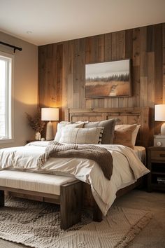 a bedroom with wood paneling and white bedding