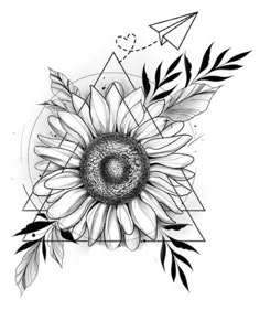 a drawing of a sunflower with leaves and triangles in the background, on a white paper