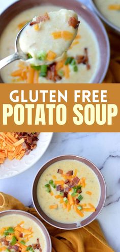 a bowl of potato soup with cheese and bacon Cheddar Bacon Potato Soup, Gluten Free Potato Soup, Gluten Free Family Meals, Gluten Free Ham, Gluten Free Soup Recipes Glutenfree, Gluten Free Comfort Food, Soup With Bacon, Potato Bacon Soup, Ham And Potato Soup