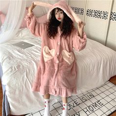 Color: Pink, Size: XL Kawaii Rabbit, Plaid Jacket Women, Harajuku Shirt, Black And White Coffee, Checkered Jacket, Pajama Dress, Navy And Khaki, Women's Robe, Nightgowns For Women