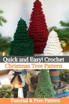 three crocheted christmas trees with text overlay that reads quick and easy crochet christmas tree pattern