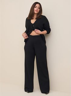 Plus Size Pull-On Wide Leg Studio Cupro High-Rise Pant, DEEP BLACK Professional Outfits Women Plus Size, Wide Leg Pants Plus Size, Office Attire Women, Professional Outfits Women, Black Wide Leg Pants, Comfy Pants, High Rise Pants, Clothing Brands, Work Clothes