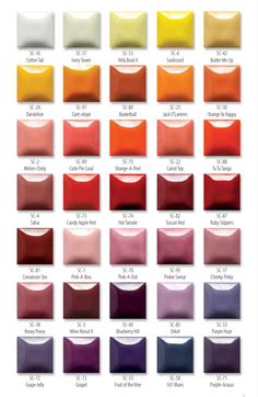 the color chart for different shades of paint, including red, yellow and purples