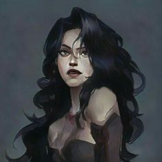 a painting of a woman with long black hair