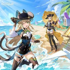 two anime characters are walking on the beach