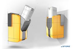 two yellow and gray lighters are shown in three different positions, one is open