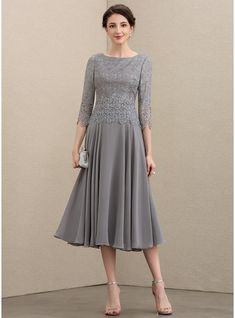 JJ's House Lace Chiffon Scoop Fall Spring Summer Winter A-line General Plus No Leg Slit Back Zip Scoop Elegant Other Colors Height:5.8ft（176cm） Bust:32in（82cm）Waist:24in（61cm）Hips:35in（89cm） No Tea-Length Grey Model Name:Sisi  Height:5.6ft（171cm）  Bust:42in（106cm）. #JJ's House #Lace #Chiffon #Scoop #Fall #Spring #Summer #Winter #Aline #General #Plus #NoLegSlit #BackZip #Scoop #Elegant #OtherColors #No #TeaLength #Grey Dress Brokat Modern Simple, Mog Dresses, Lace Tea Length Dress, Bride Silhouette, Chiffon Lace Dress, Mother Of The Bride Dresses Long, Bride Gown, Lace Bride, Mother Of Groom Dresses