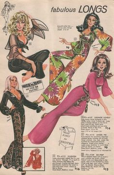 an old fashion ad for women's clothing from the 1970's, featuring long - sleeved dresses and high - waisted pants