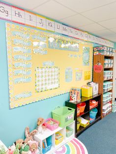 a child's playroom with toys on the floor