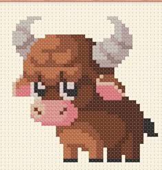 a cross stitch pattern of a brown and white cow with horns on it's head