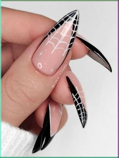 Get ready to spook up your nails this Halloween! 🎃👻💅 Check out these wickedly fun nail designs for the ultimate Halloween look. #HalloweenNails #NailArt #HalloweenInspo #SpookyNails #TrickOrTreat #NailGoals #HalloweenVibes #NailObsessed #HalloweenMakeup #NailsofInstagram 🕷️🦇🕸️ Spider Stilleto Nails, Halloween French Tip Nails Design, Halloween French Nail Designs, Black French Tip Halloween Nails, Web Nail Design, Halloween French Tips, Finger Claws, Spider Web Nails, Web Nails