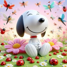 a snoopy dog sitting on top of a flower surrounded by ladybugs