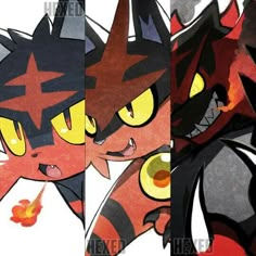 three different images of cats with yellow eyes and black hair, one in red and the other in grey