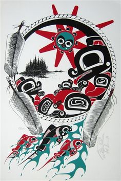 an image of a native american artwork with feathers and sun in the sky on white paper