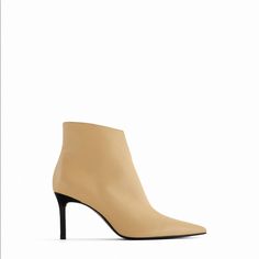 Material: Leather 3.5” Heel Color: Vanilla Yellow New In Box Yellow Leather Heels For Fall, Chic Yellow Boots For Fall, Chic Zara Heels With Padded Ankle, Yellow Leather Boots With Pointed Toe, Yellow High Heel Leather Boots, Zara Yellow Round Toe Heels, Zara Beige High Heel Boots, Chic Beige Boots With 4-inch Heel, Zara Yellow High Heels