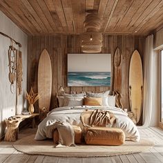 a bedroom with wooden walls and surfboards on the wall