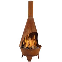 an outdoor fire pit with flames coming out of the top and bottom, against a white background