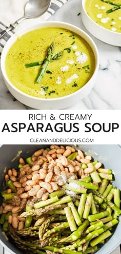 asparagus soup in two bowls with spoons on the side