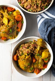 three bowls filled with different types of food