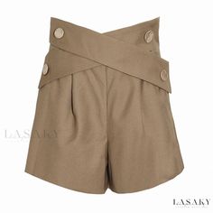 Lasaky - Chic Cross Strap High Waist A-Line Shorts with Metal Buttons and Frill Trim Button Cross, Carrot Pants, A Line Shorts, Swimwear Cover Ups, Designer Shorts, Swimwear Cover, Cross Straps, Metal Buttons, Swimwear Tops