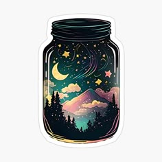 a jar filled with stars and trees on top of a white background, sticker