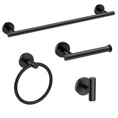 black bathroom accessories set with towel ring, toilet paper holder and towel ring on white background