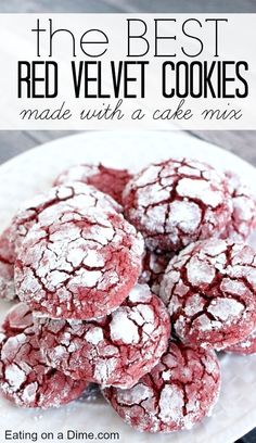 the best red velvet cookies made with a cake mix on a white plate and text overlay