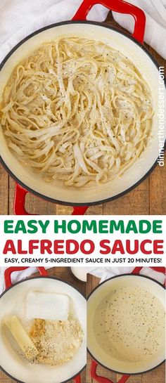 an easy homemade alfredo sauce recipe in a skillet with ingredients to make it taste like pasta