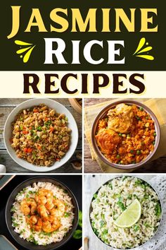 four different pictures with rice and shrimp in them, including the words jasmine rice recipes