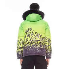 Puffer Jacket With Fur Hood In Neon Yellow Elevate your outerwear game and stay warm in our latest puffer jacket. Crafted from premium quality nylon, this puffer features a plush fur-lined hood that adds an extra layer of insulation while exuding a touch of luxury. With a vibrant green gradient body and graffiti detailing, this jacket is the perfect blend of fashion and function that will keep you on-trend and protected against the elements this winter.- Nylon- Fur-lined hood - 2 zipper pockets Nylon Puffer Jacket For Streetwear, Trendy Hooded Down Puffer Jacket, Trendy Hooded Parka For Streetwear, Trendy Streetwear Parka With Double-lined Hood, Urban Streetwear Parka With Padded Collar, Urban Style Parka With Padded Collar For Streetwear, Urban Style Parka With Padded Collar, Urban Parka With Padded Collar For Streetwear, Trendy Hooded Puffer Parka