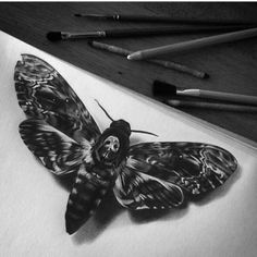 a black and white photo of a butterfly on a piece of paper with crayons in the background