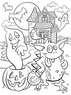 halloween coloring pages for kids and adults with pumpkins, ghost and house in the background